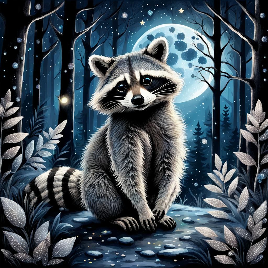 Silver Raccoon in Magical Moonlit Forest