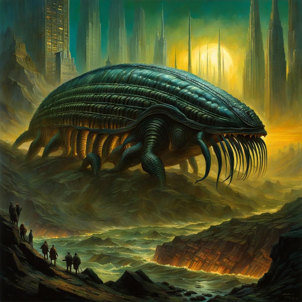Surreal Trilobite Leviathan in Alien Metropolis