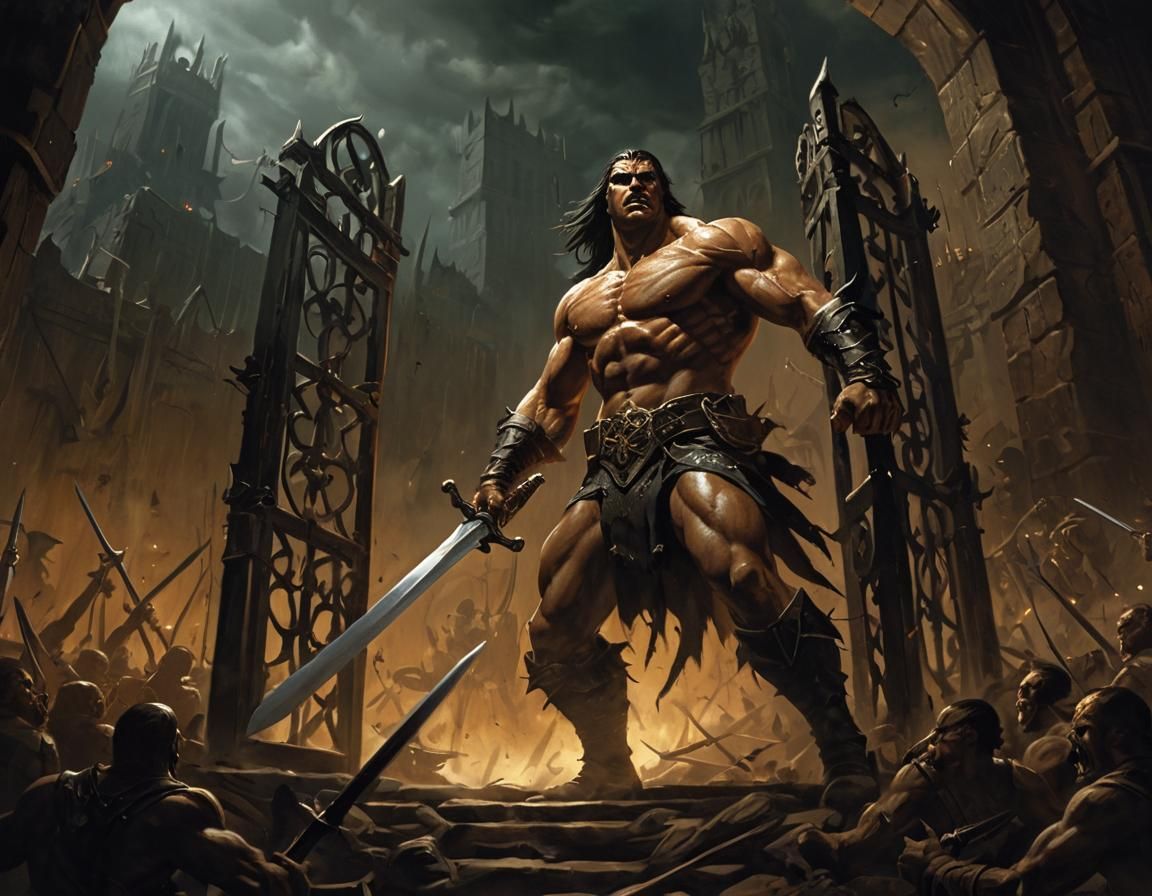 Epic Warrior Charges Gate in Ominous Fantasy Battle