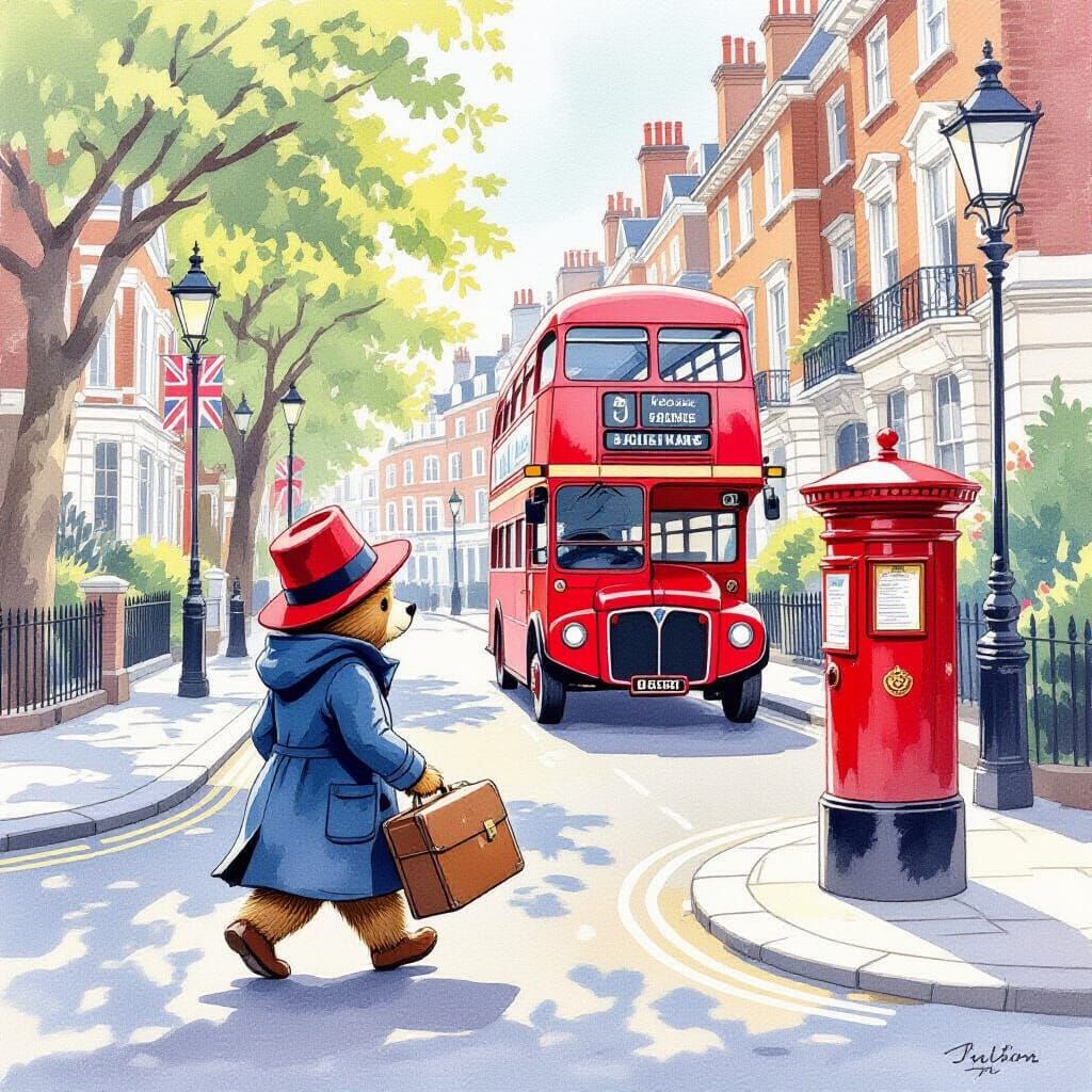 Paddington Bear in London with Suitcase, Pastel Storybook St...