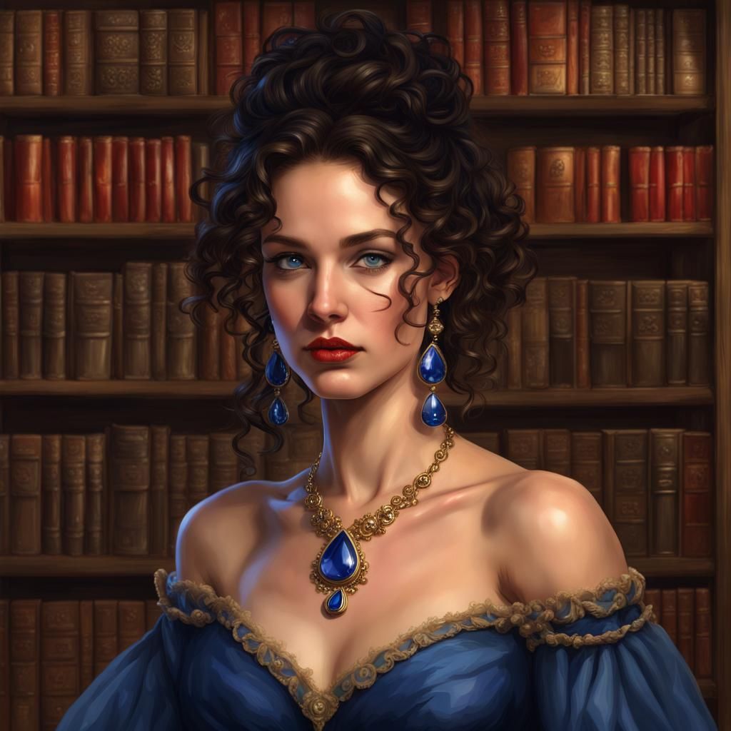 Renaissance Woman in Library: Hyperdetailed Portrait
