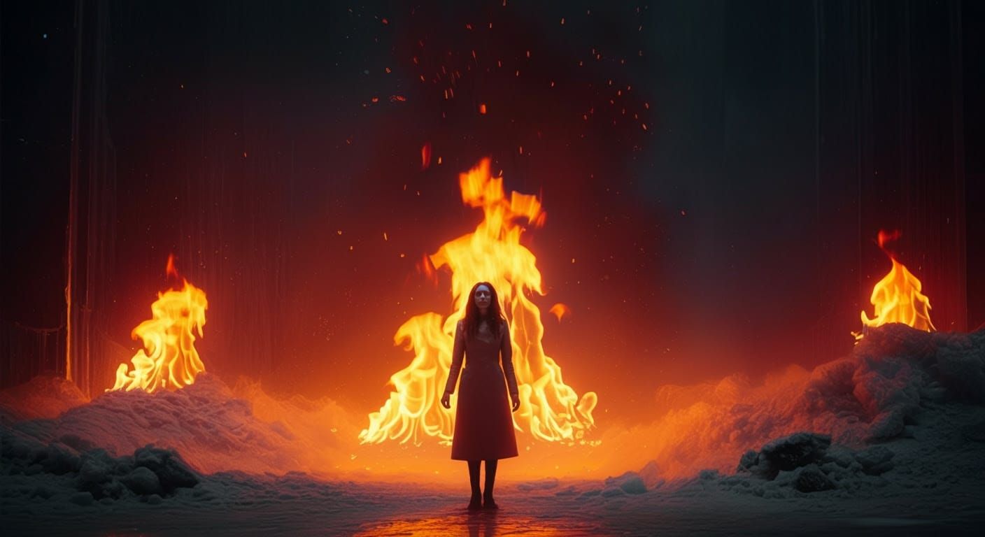 Frozen Inferno: Ethereal Flames in a Sci-Fi Landscape