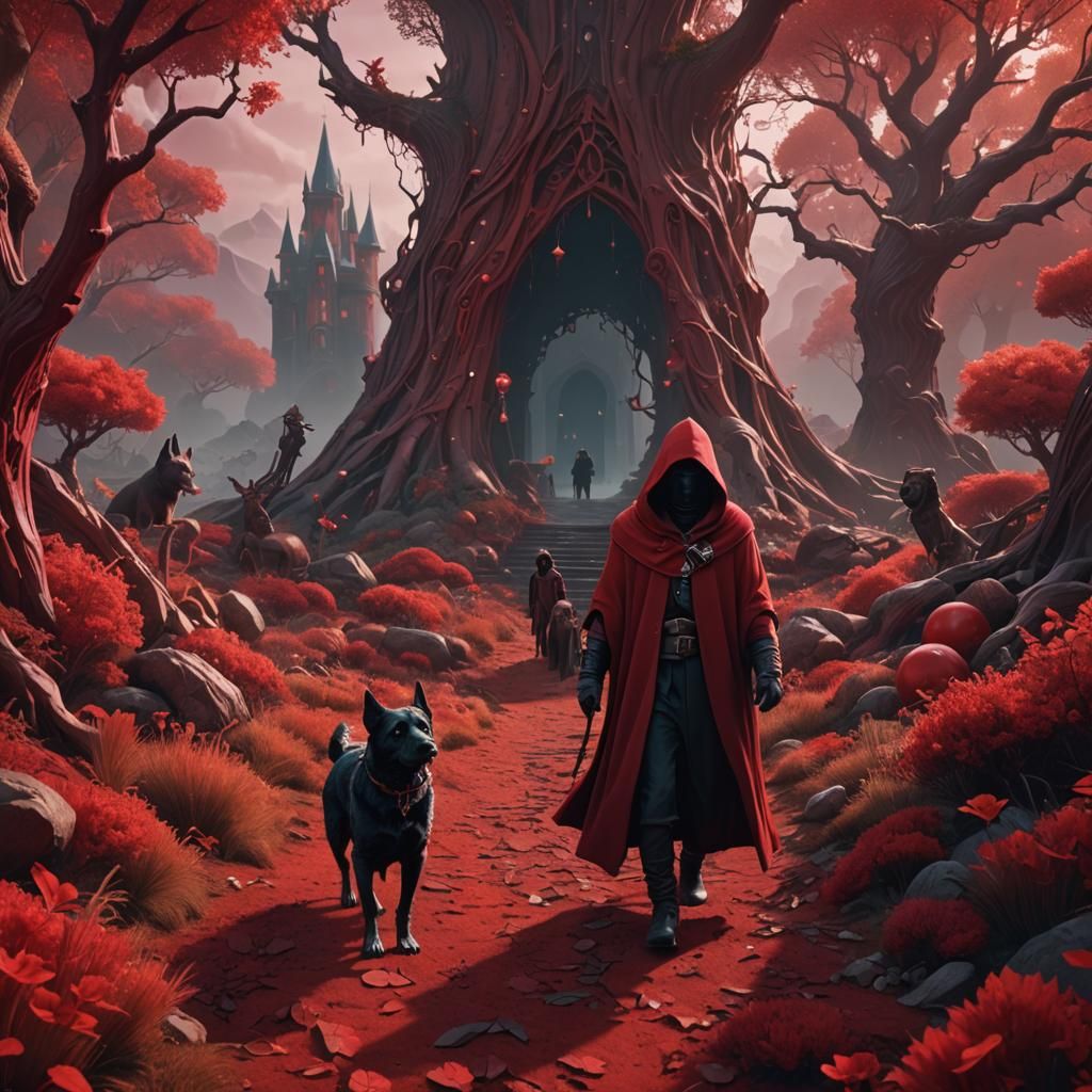Traveler and Dog in Red Wonderland: Fantasy Art
