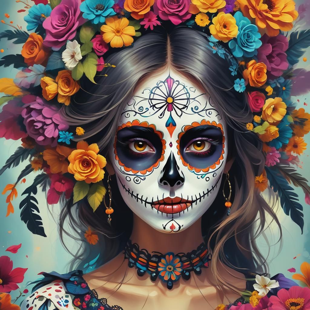 Catrina Portrait with Flowers in Digital Art Style
