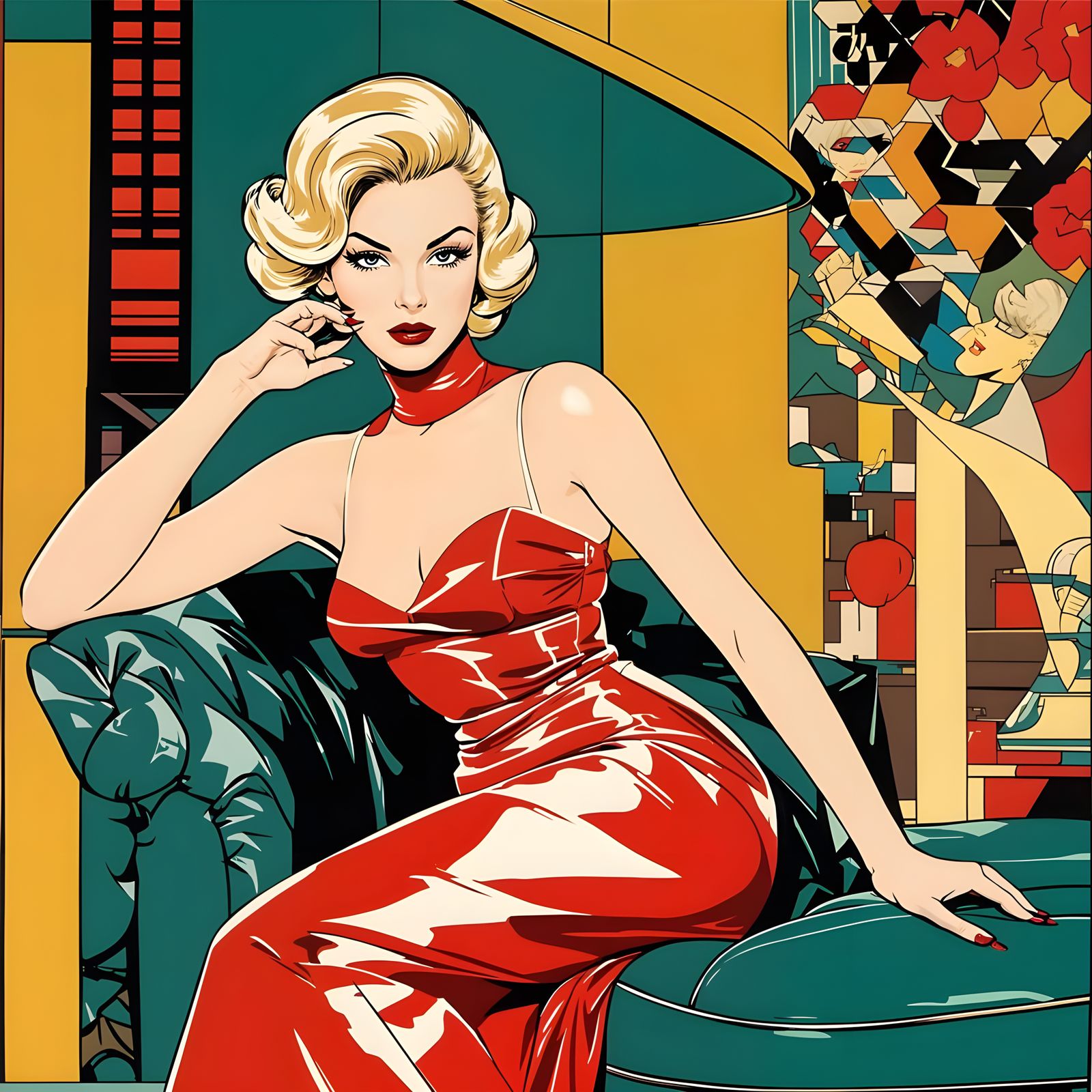 Vintage Pinup Bombshell in Luxurious Living Room
