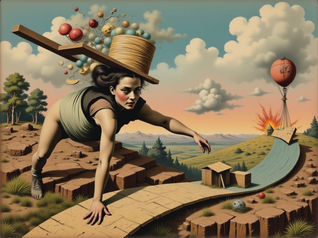 Surreal Man Scrapes Curve as Hut Burns, Dali Style