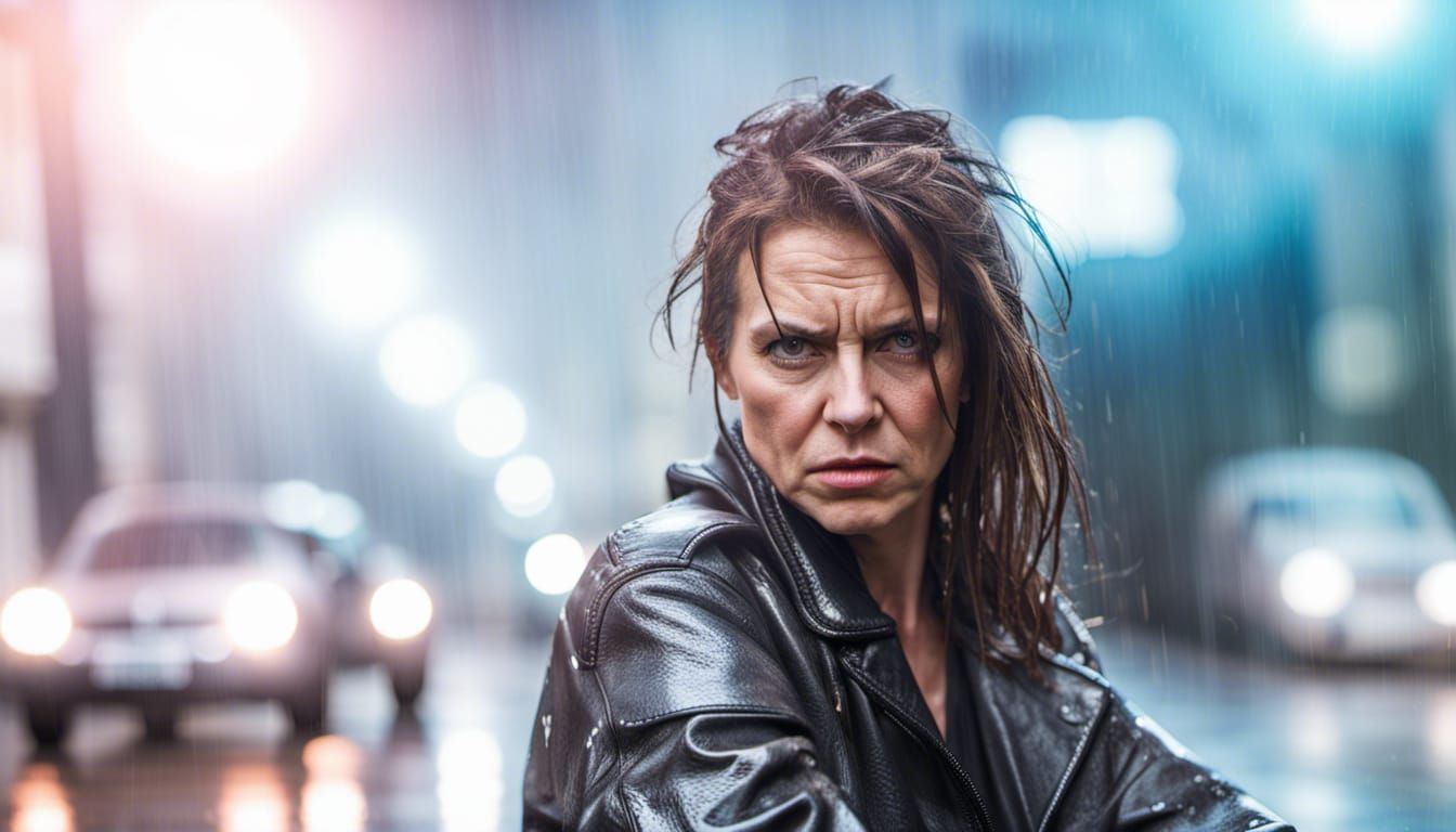 Angry Woman in Heavy Rain, Wet Leather Jacket