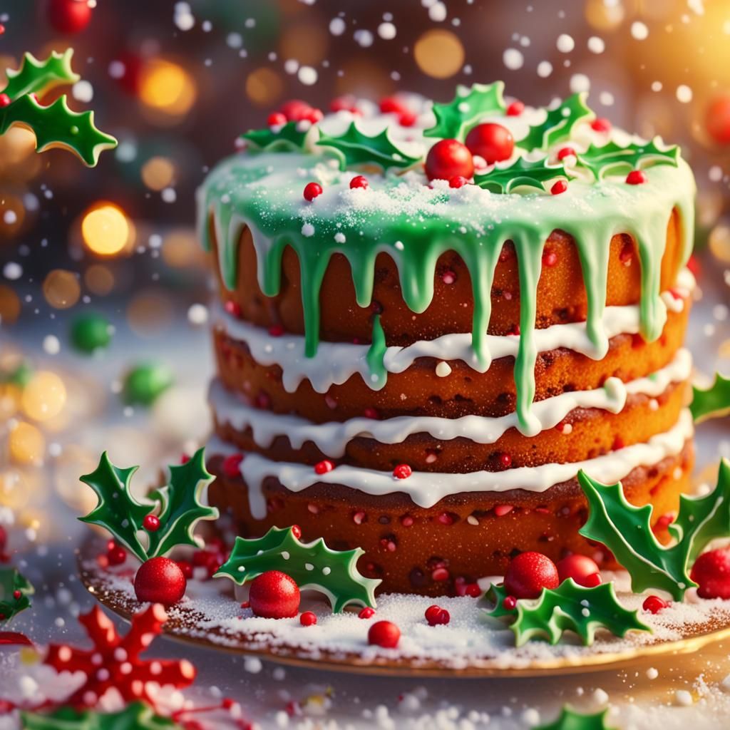 Warm Golden Christmas Cake with Holly and Snowflakes in Oil....