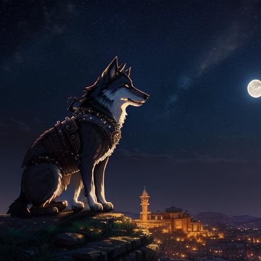 Steampunk Wolf Howling Under Starry Moonlit Sky