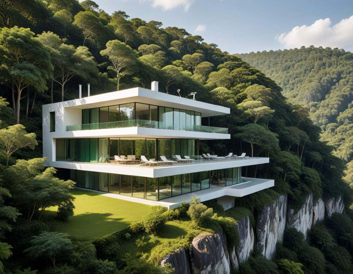 Luxurious White Villa on Cliffside Landscape in Modern Archi...
