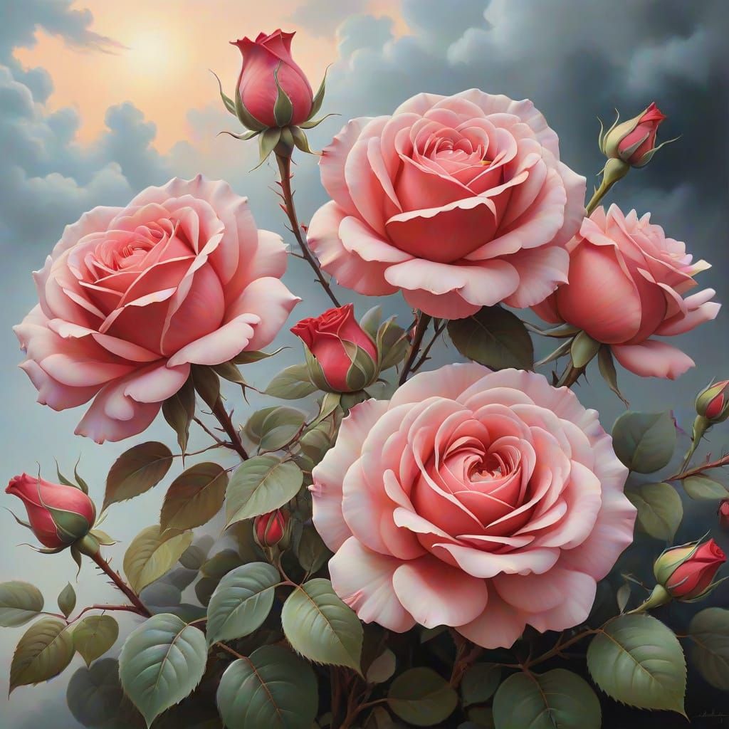 Romantic Oil Painting of Soft Red Roses