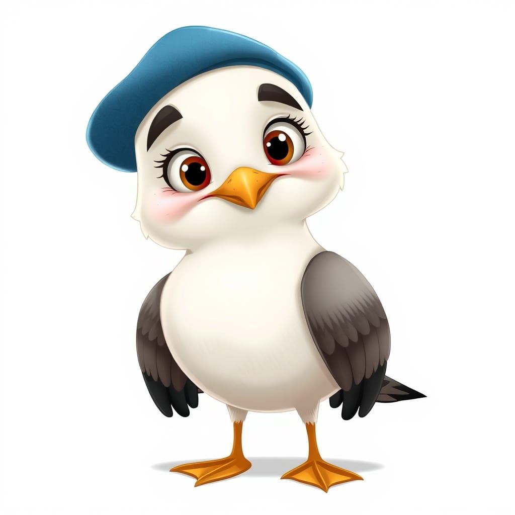 Hyperrealistic Cartoon Seagull in Blue Hat, Reminiscent of S...