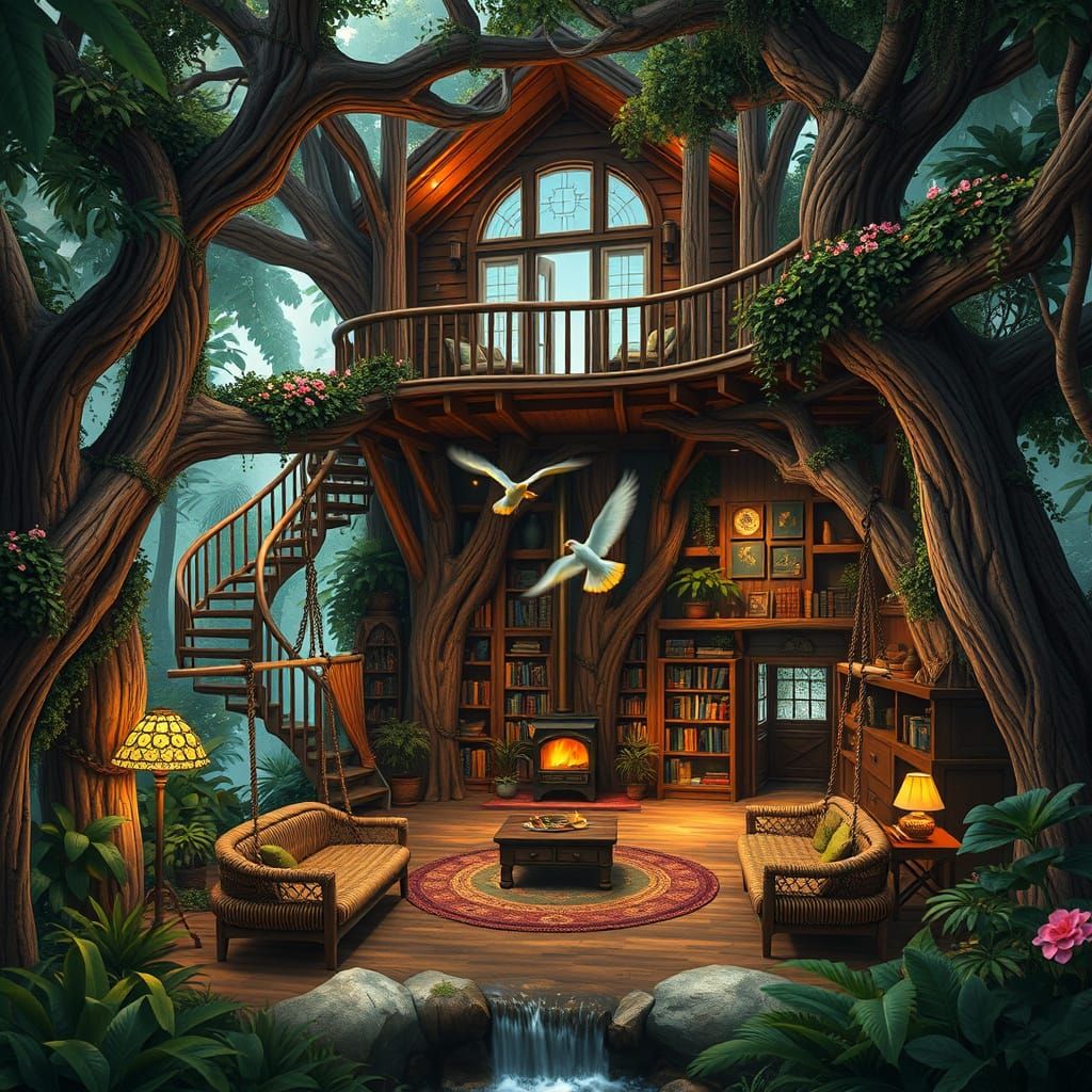 Enchanting Jungle Treehouse Bedroom with Waterfall View