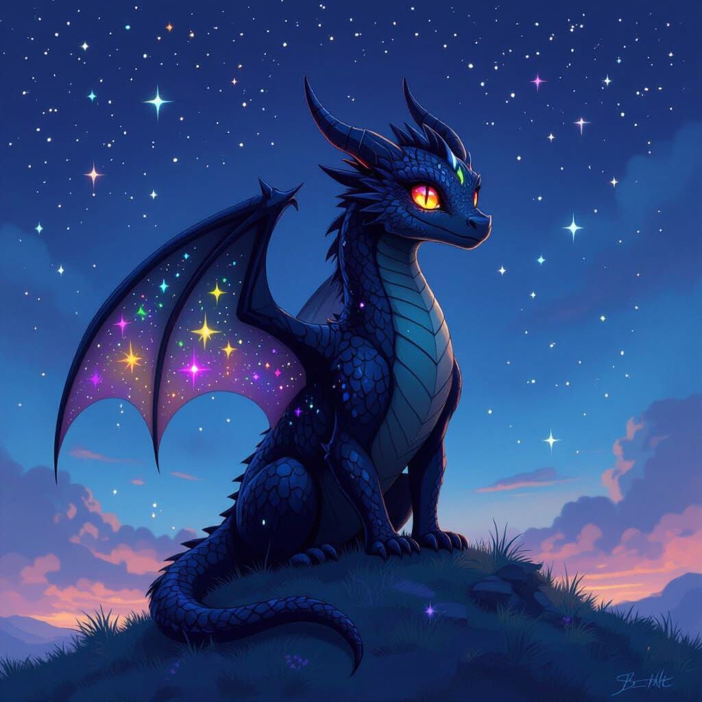Nightwing Dragon with Rainbow Wings in Fantasy Style