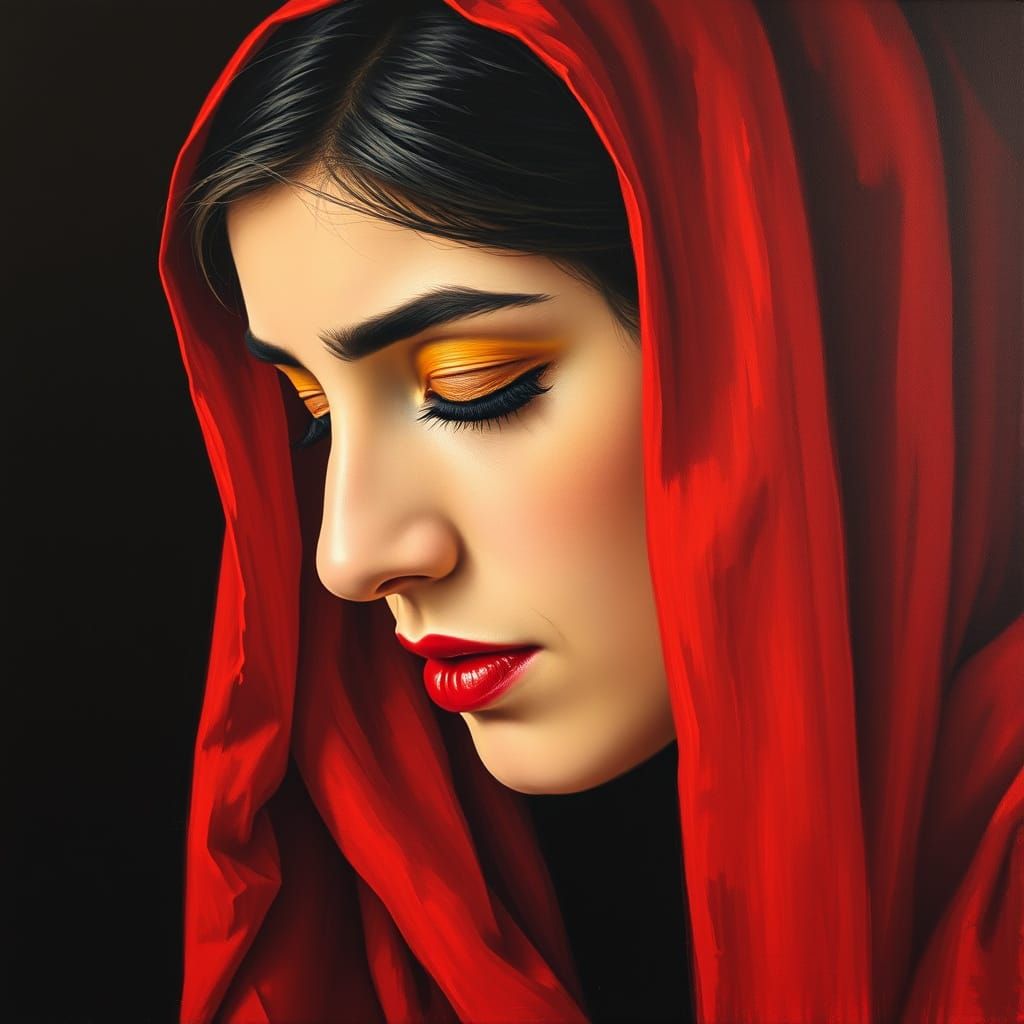 Elegant Afghan Woman in Red Veil