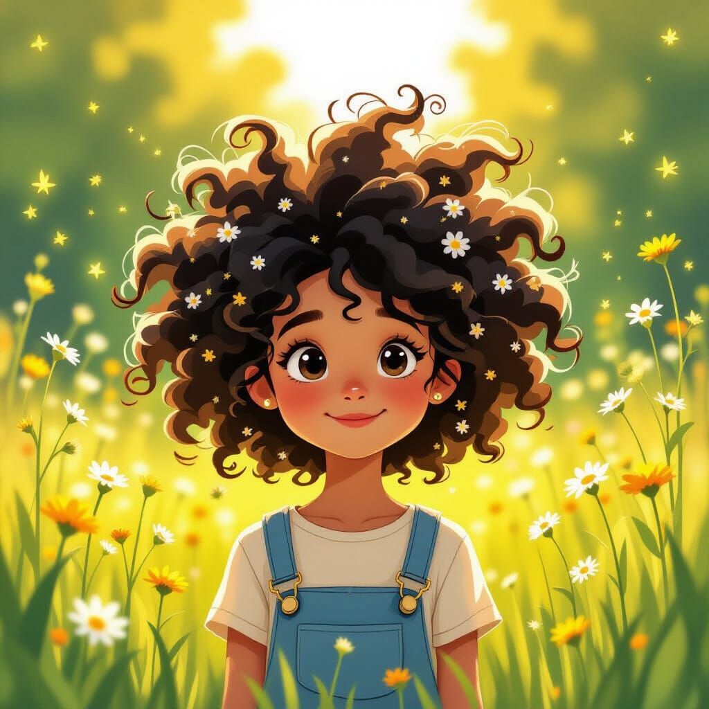 Whimsical Illustration of Bushy Hair in Wildflower Meadow