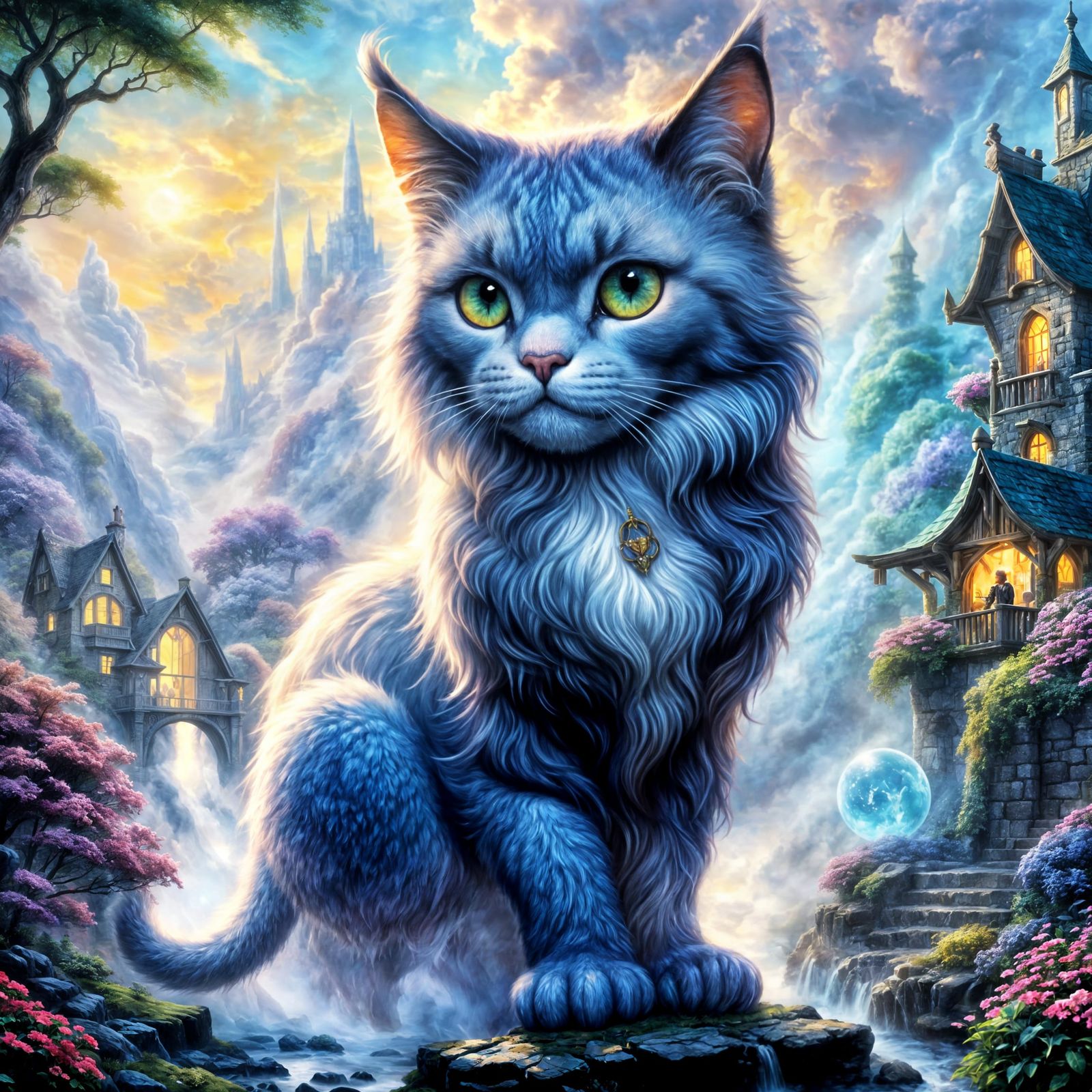 Ethereal Giant Cat in a Misty Fantasy Landscape