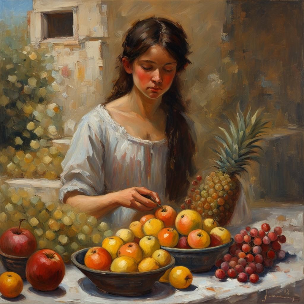 Woman, Child, Fruit, and Flowers as Oil Painting