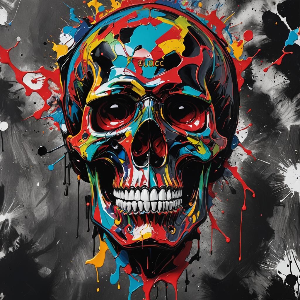 A colorful skull on a black background, poster art, inspired...