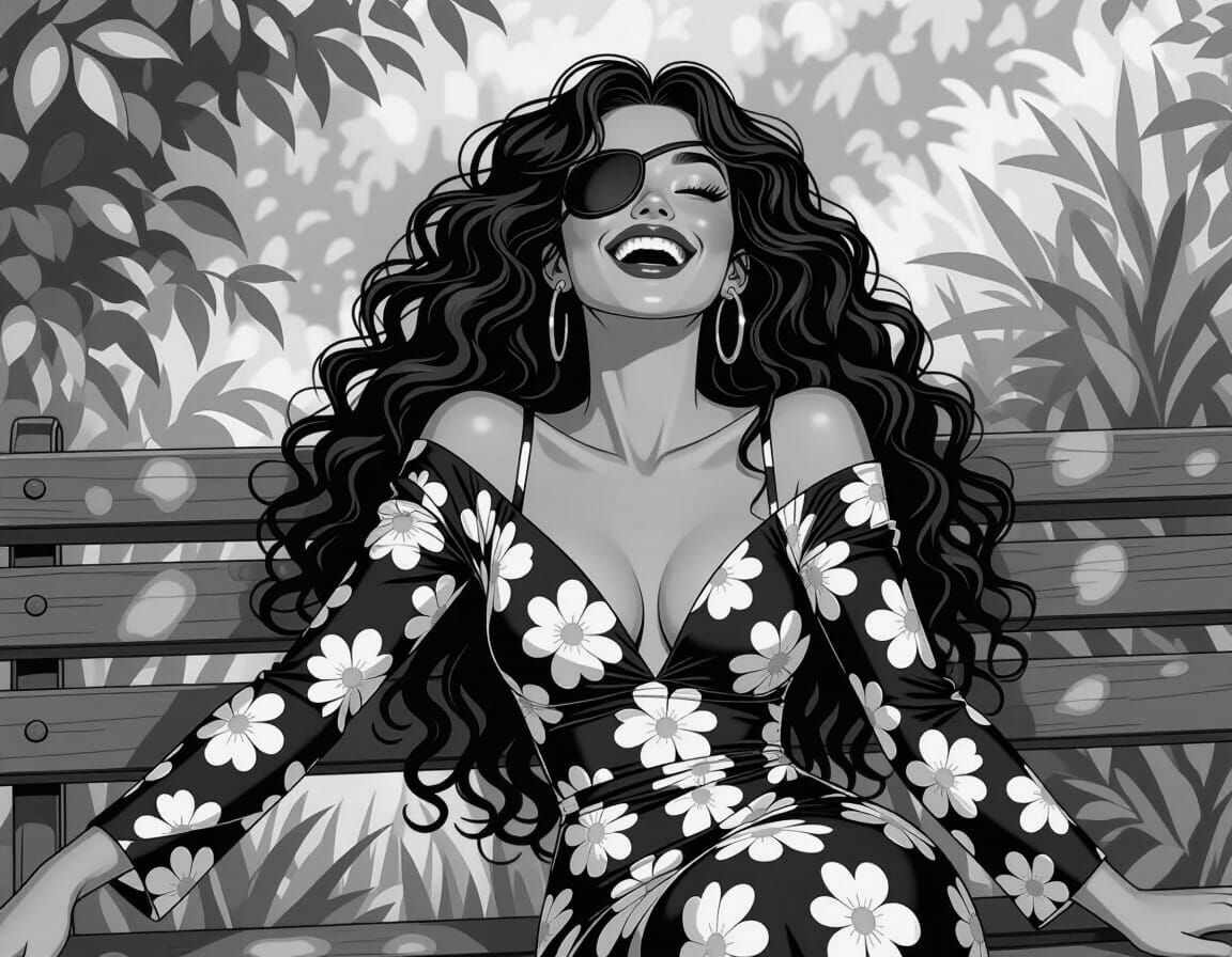 Laughing Woman with Eyepatch in Lush Garden, Pencil Drawing