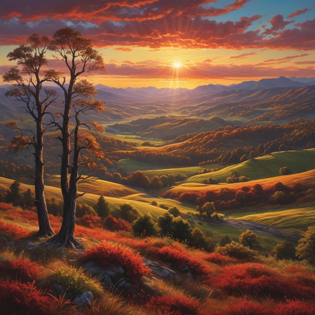 Vibrant Redshift Sky Over Rolling Hills, Photorealistic