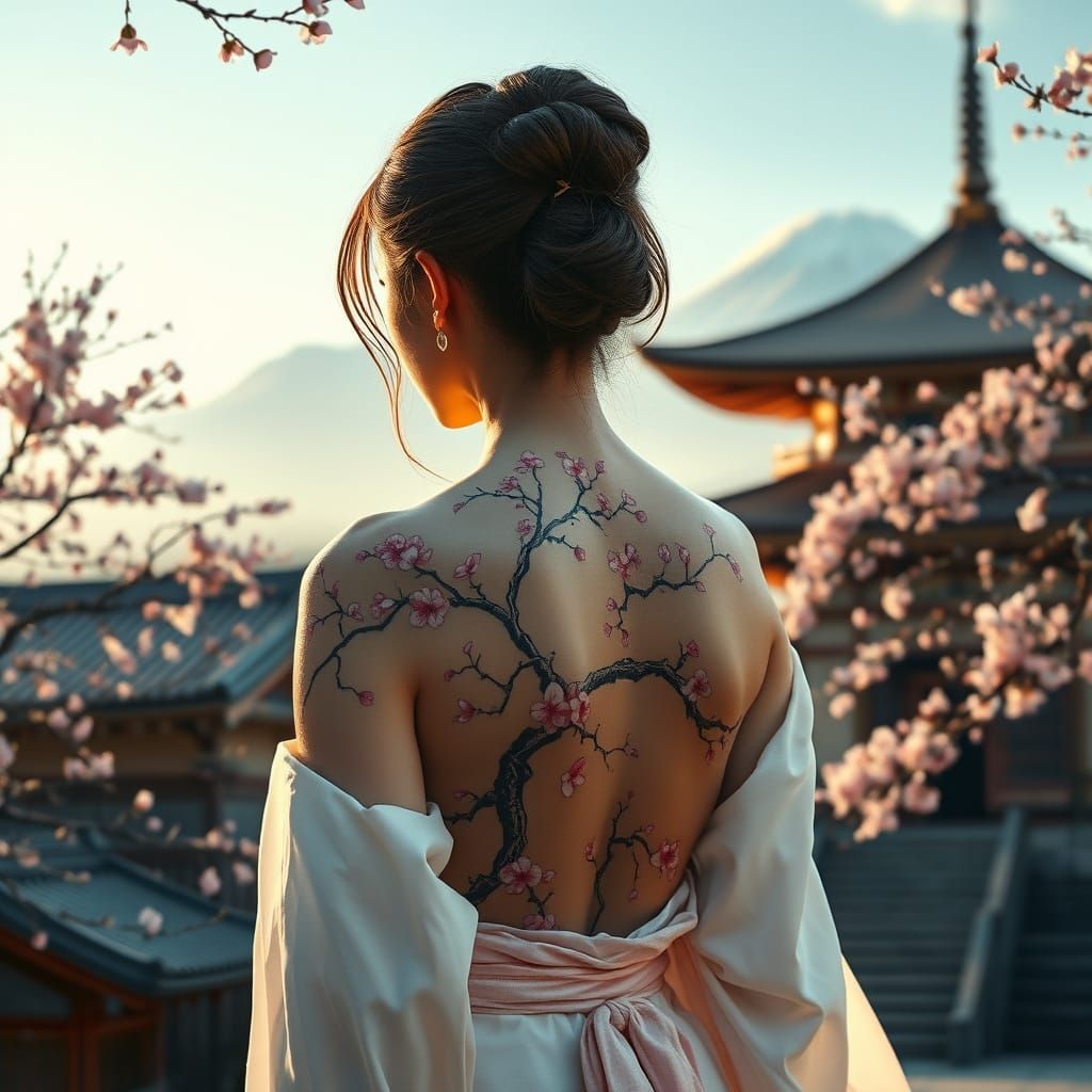 Hyper-Realistic Portrait of a Woman with Japanese Cherry Blo...