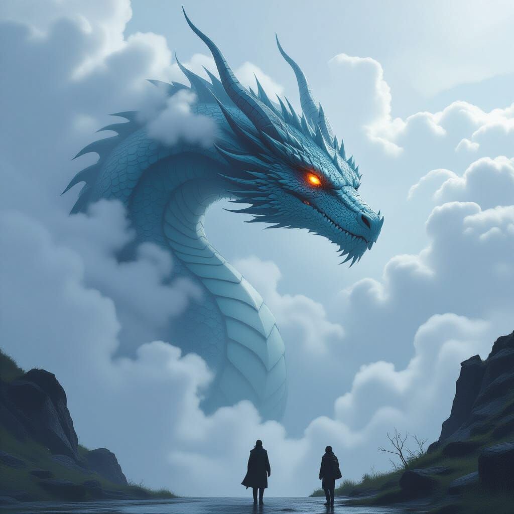 Majestic Dragon in Clouds Overlooking People