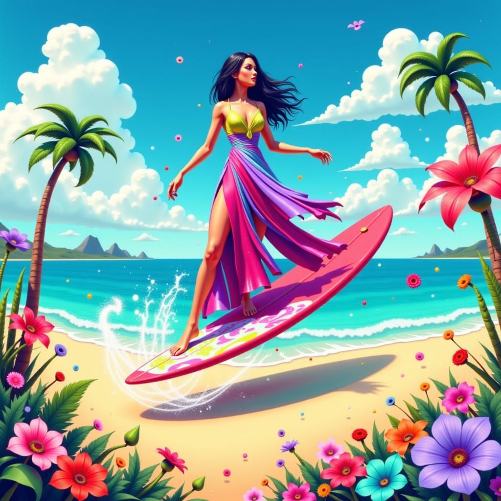 Woman Surfing in Air, Pop Art Style