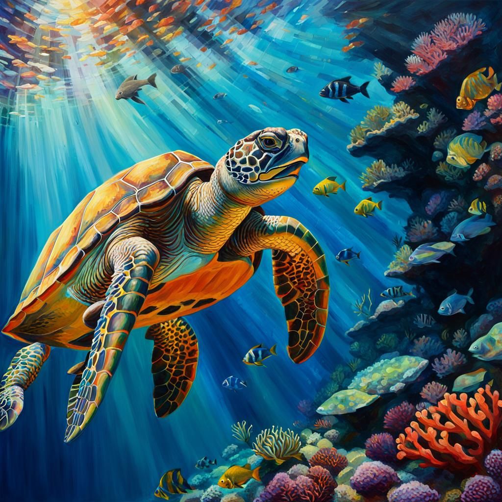 Sea Turtle in Coral Reef: Fauvist Oil Painting