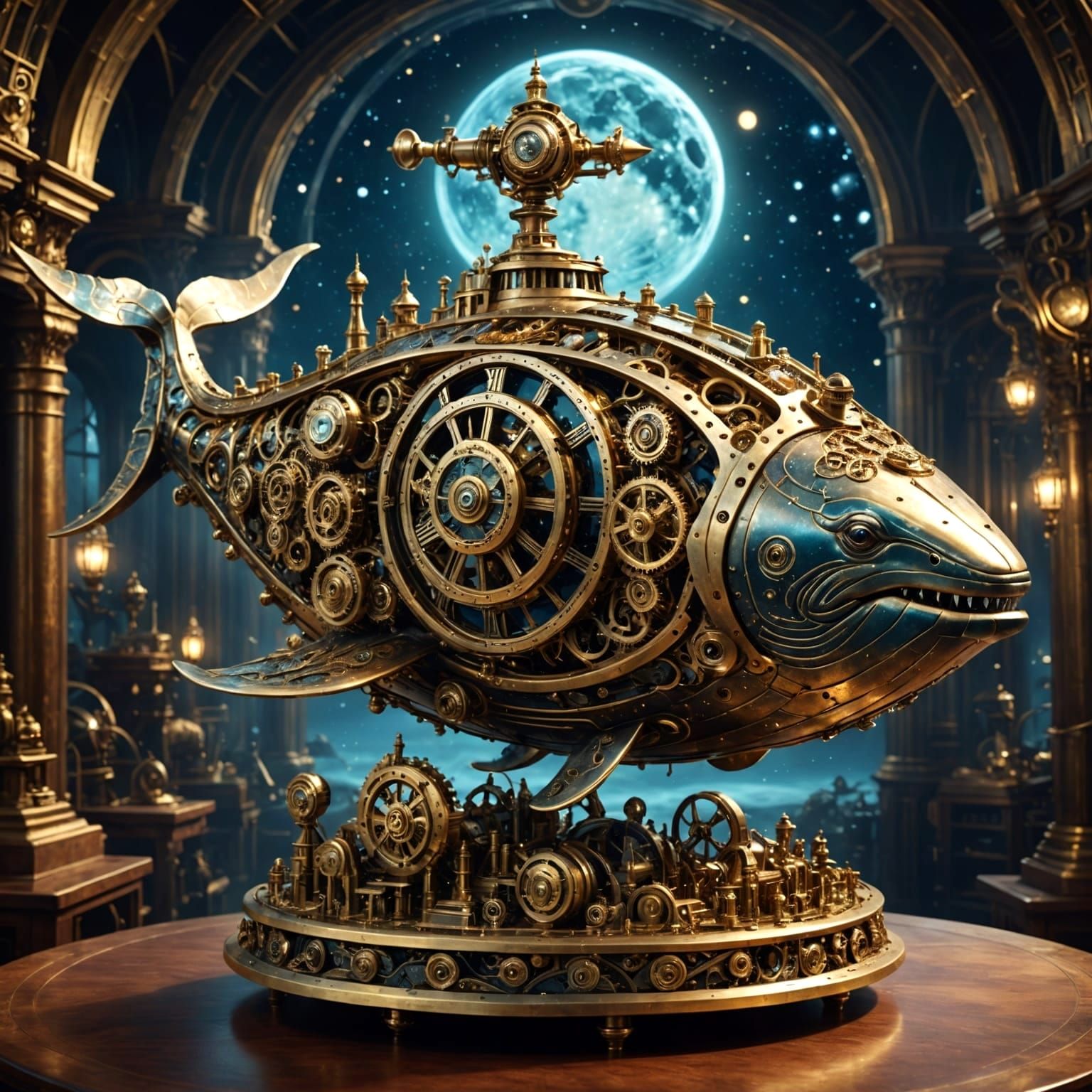 Clockwork Whale Breaches Stardust Sea in Steampunk Style