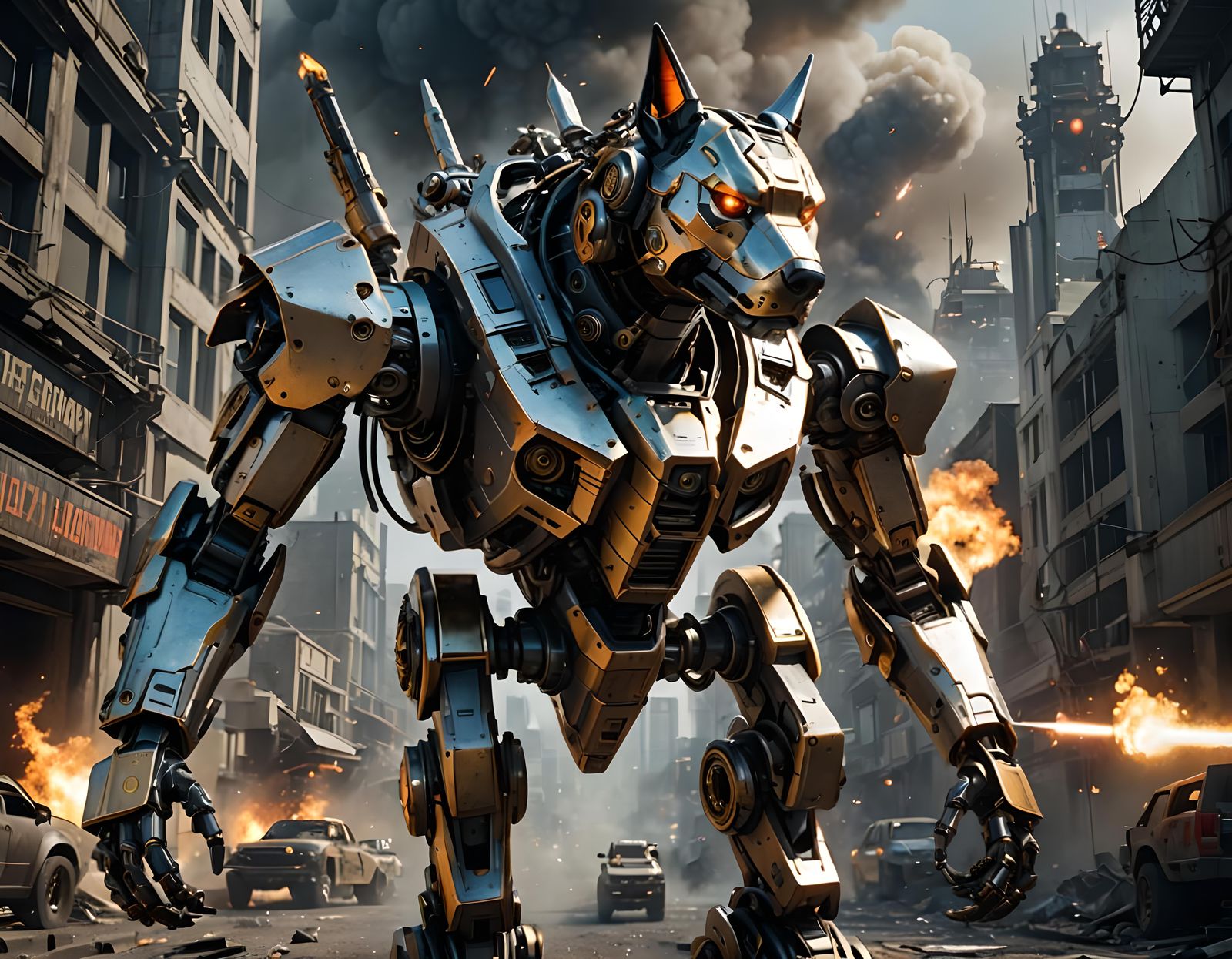 Viscous Metal-Headed Robot Dog in Apocalyptic City