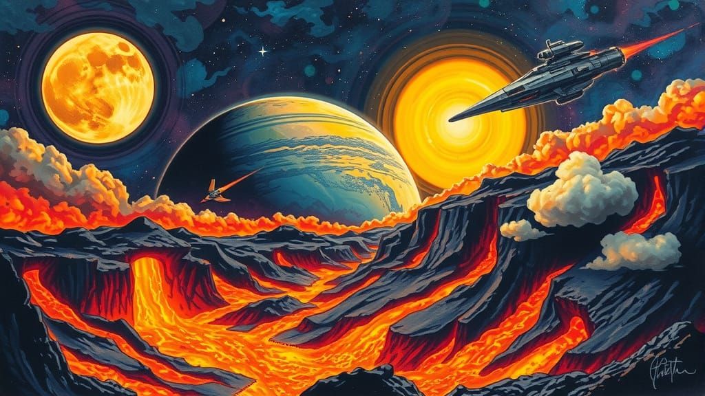 Volcanic Planet with Space Station in Alcohol Ink Style