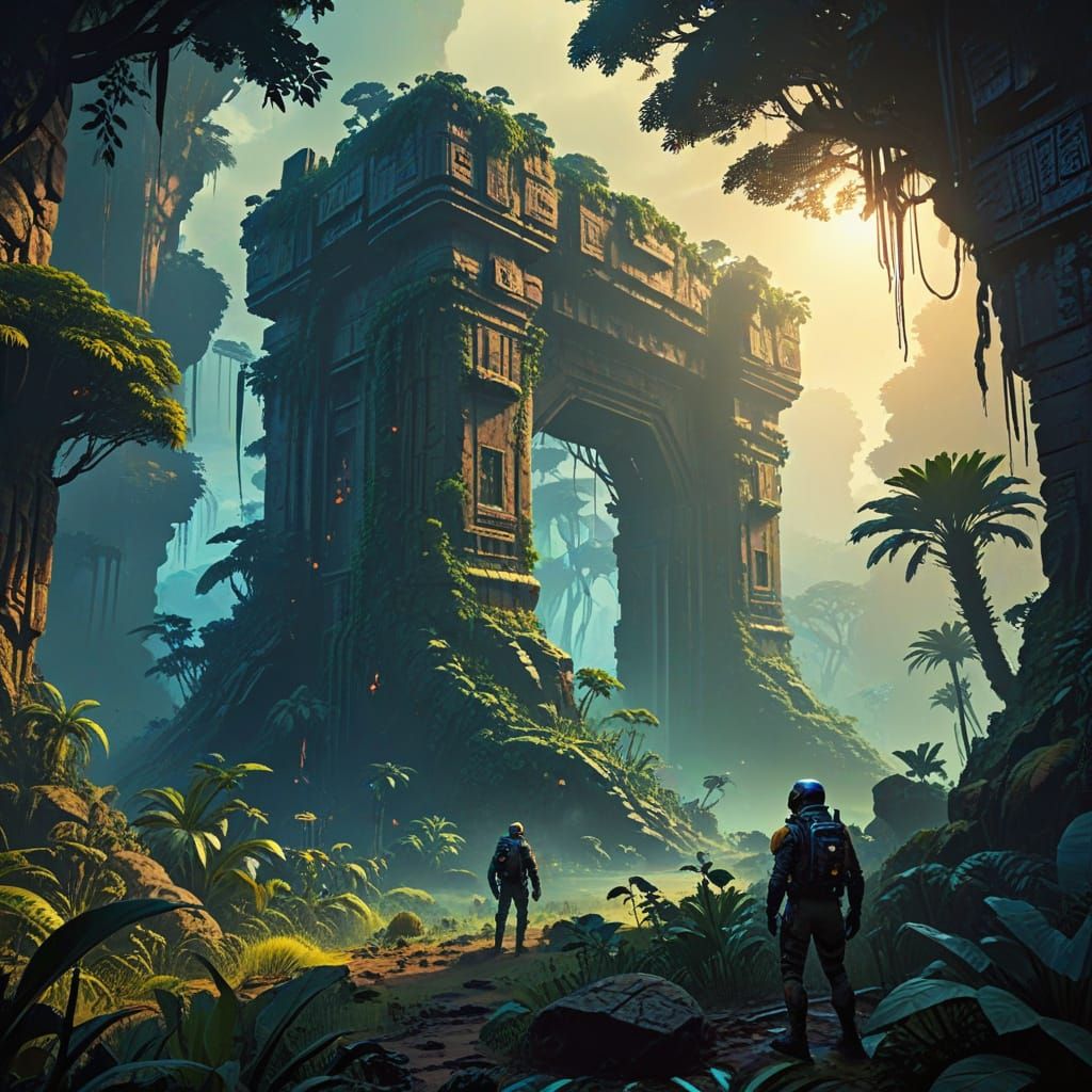 Sci-Fi Explorers Discover Ancient Ruins in Alien Jungle