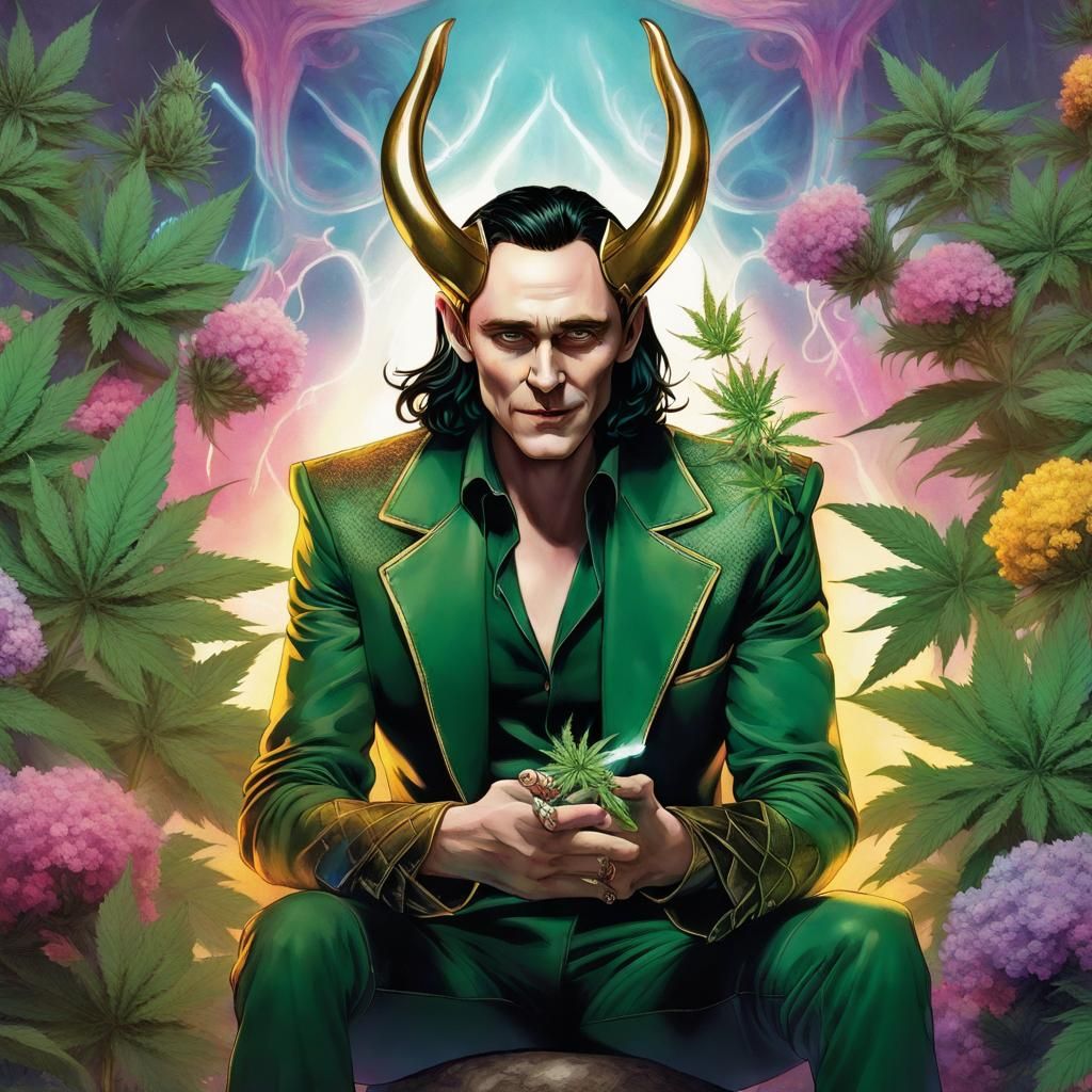 Loki Among Cannabis Plants in Ethereal Fantasy Style