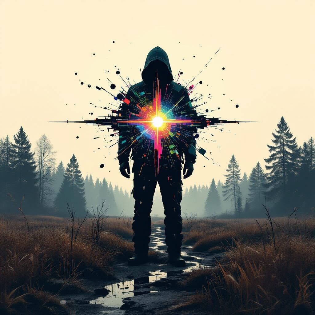 Glitched Wilderness Silhouette in Corrupted Collage