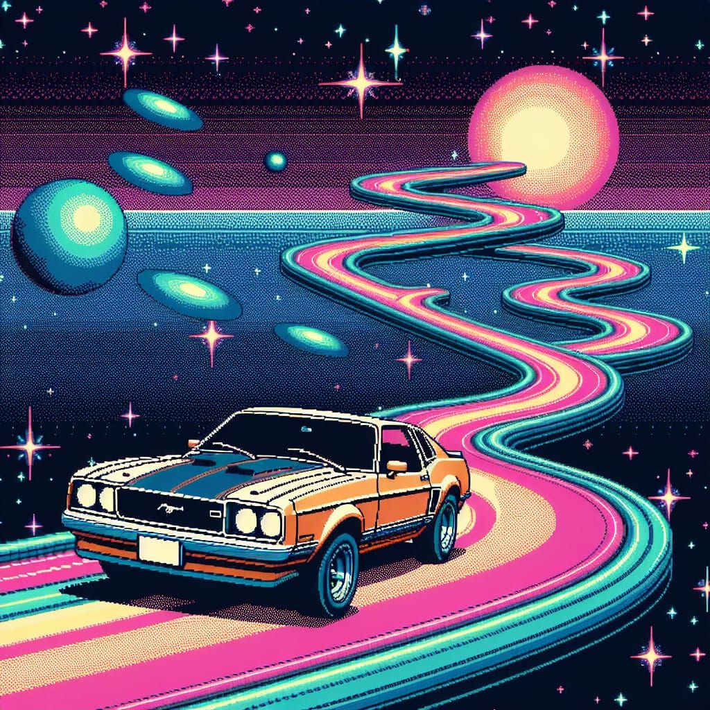 Ford Mustang on Rainbow Road in Starry Sky