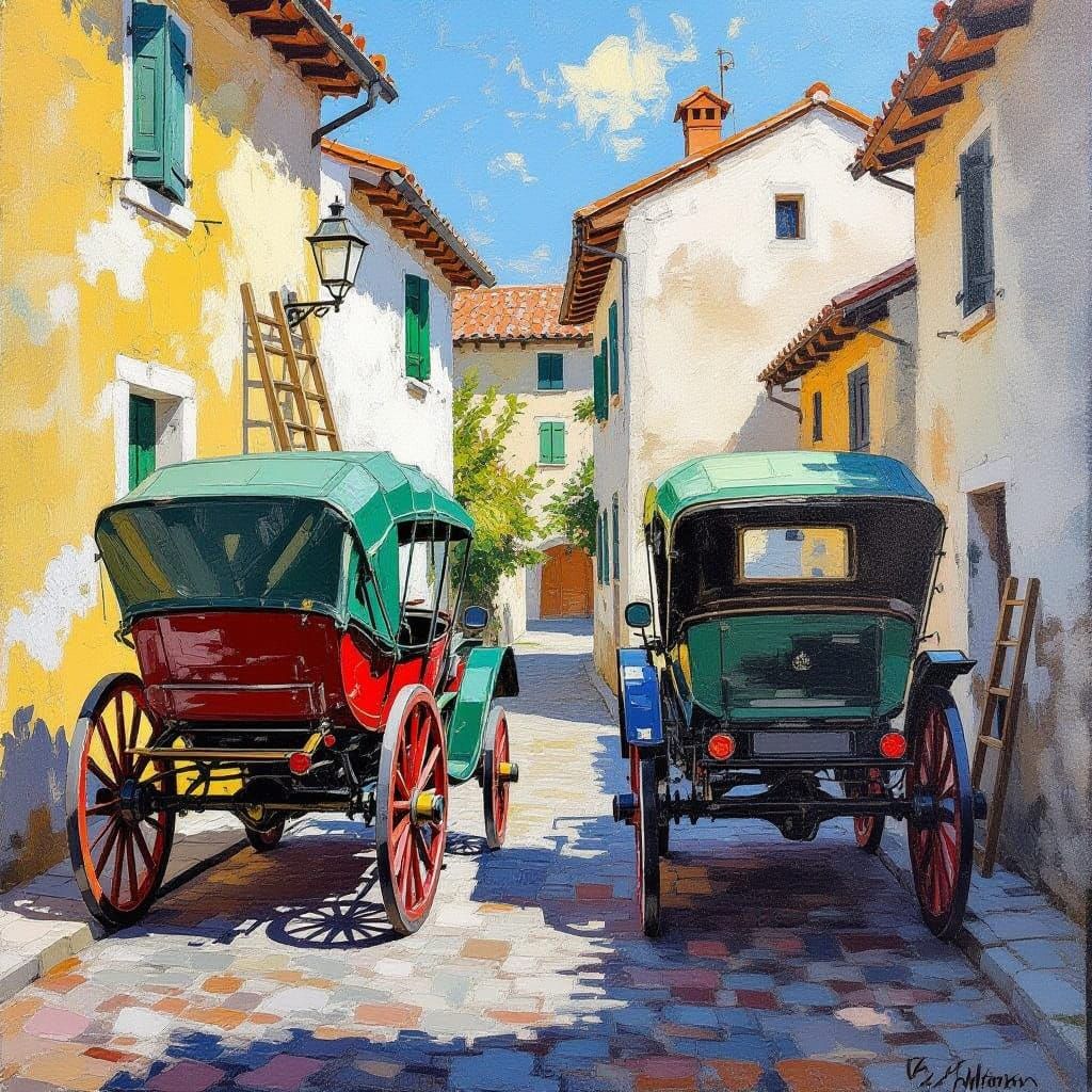 Impressionistic Oil Painting of Horse-Drawn Carriages