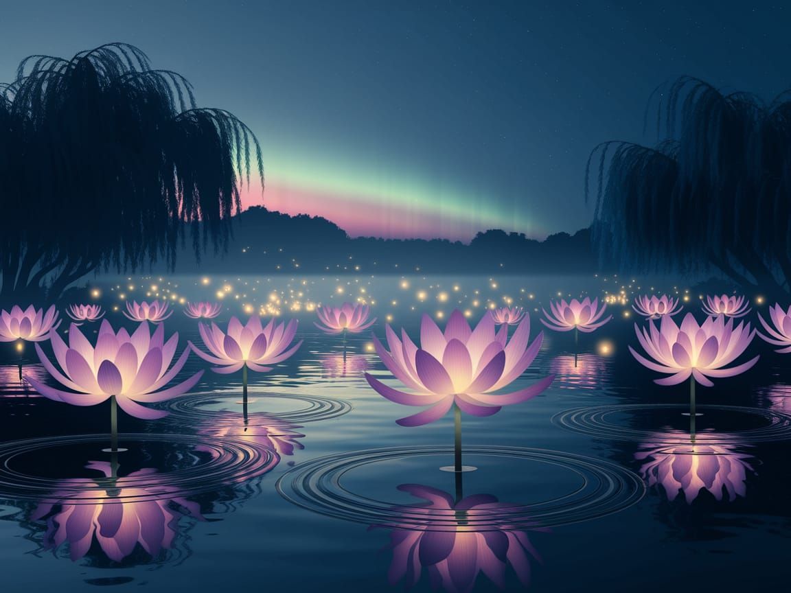 Whimsical Twilight Pond Scene with Bioluminescent Lotus Flow...