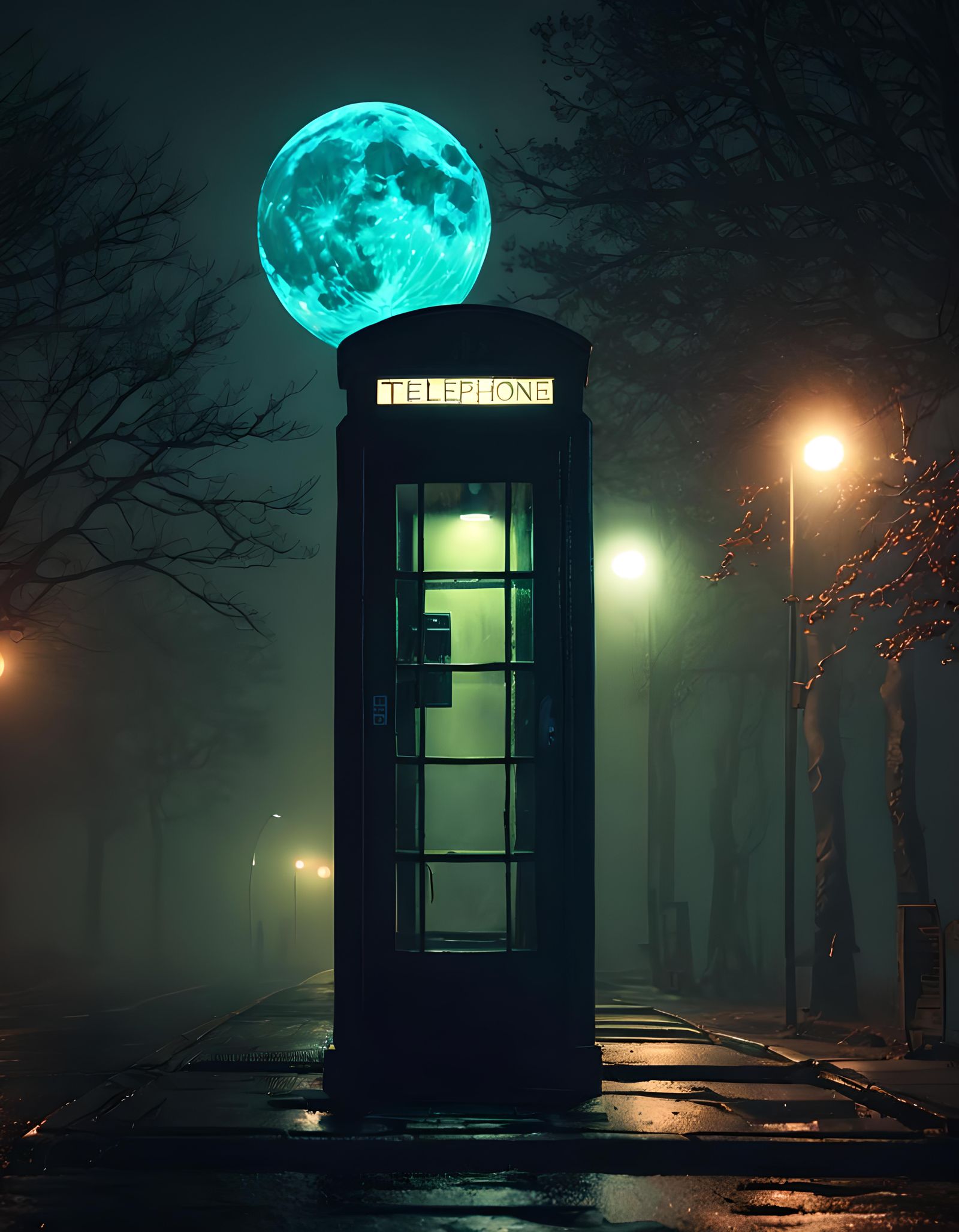 Neon Phone Booth in Foggy Cityscape