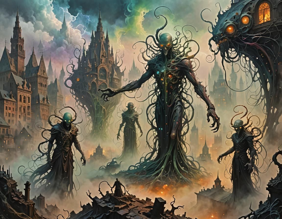 Grotesque Creatures Emerge in a Gothic Cityscape