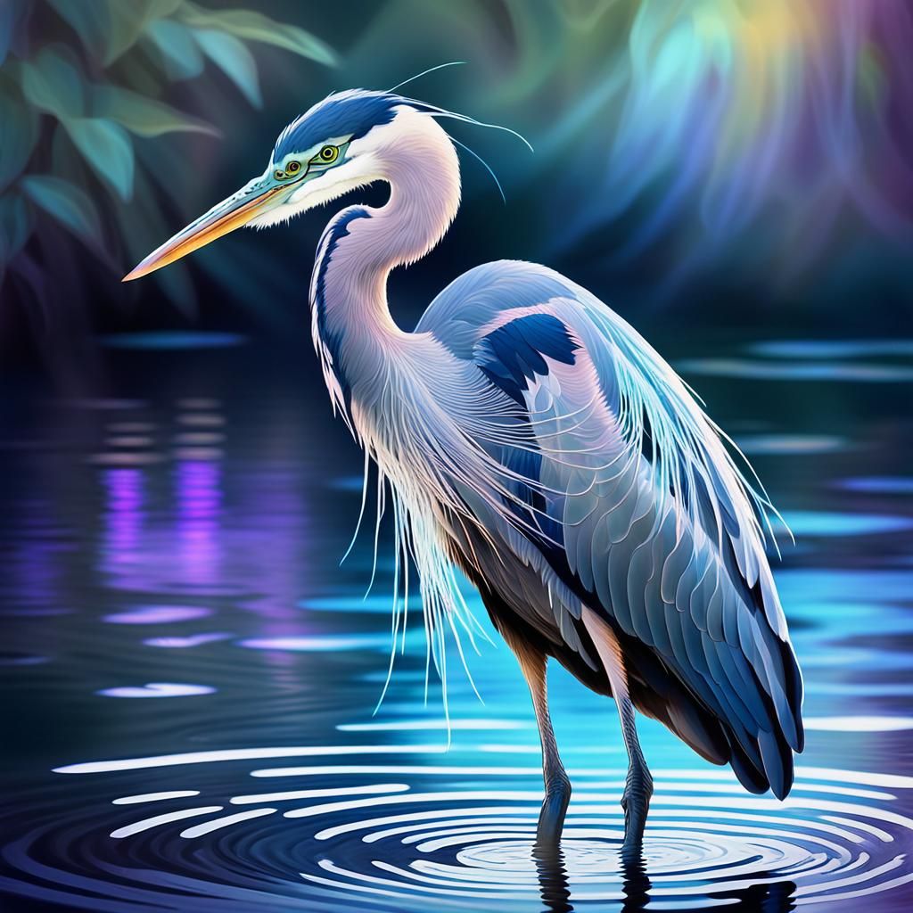 Ethereal Blue Heron Emerging from Glowing Water in Sci-Fi Ar...