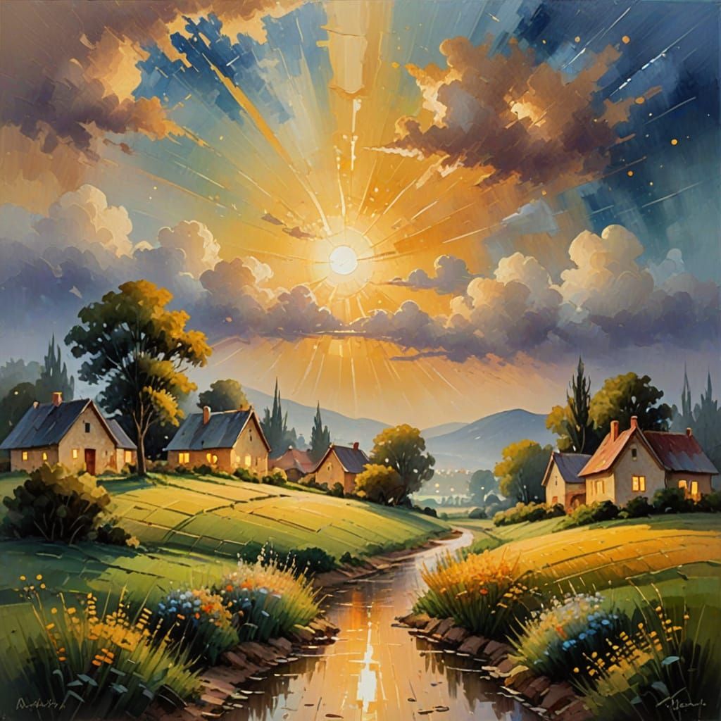 Impressionist Village Bathed in Starry Sunshine