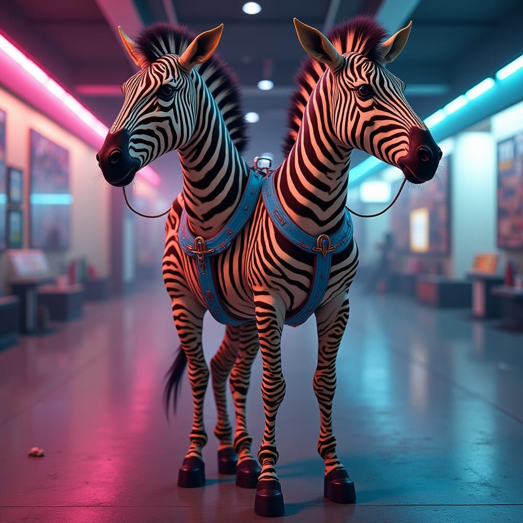 Two-Headed Zebra in Futuristic Museum
