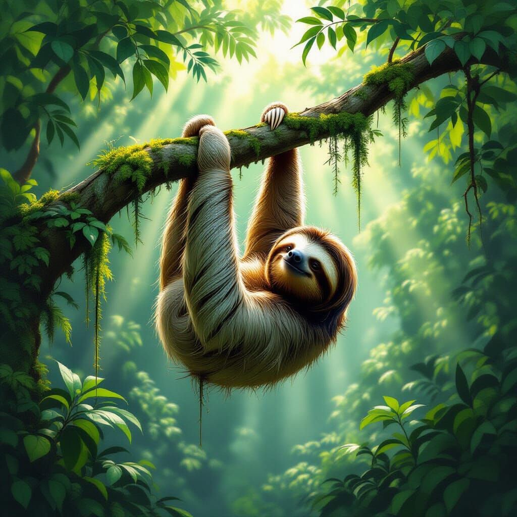 Realistic Digital Painting of Sloth in Rainforest Canopy