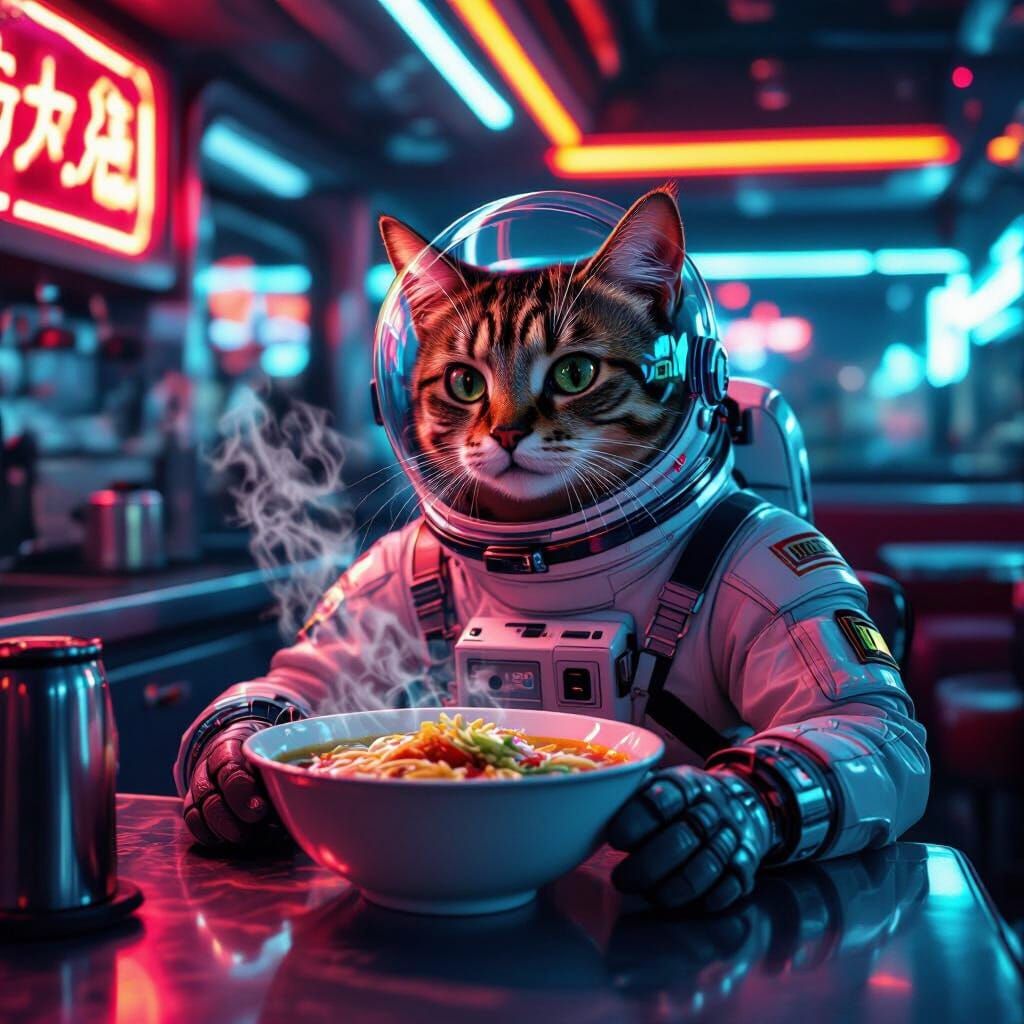 Retro-Futuristic Cat in Space Diner with Ramen
