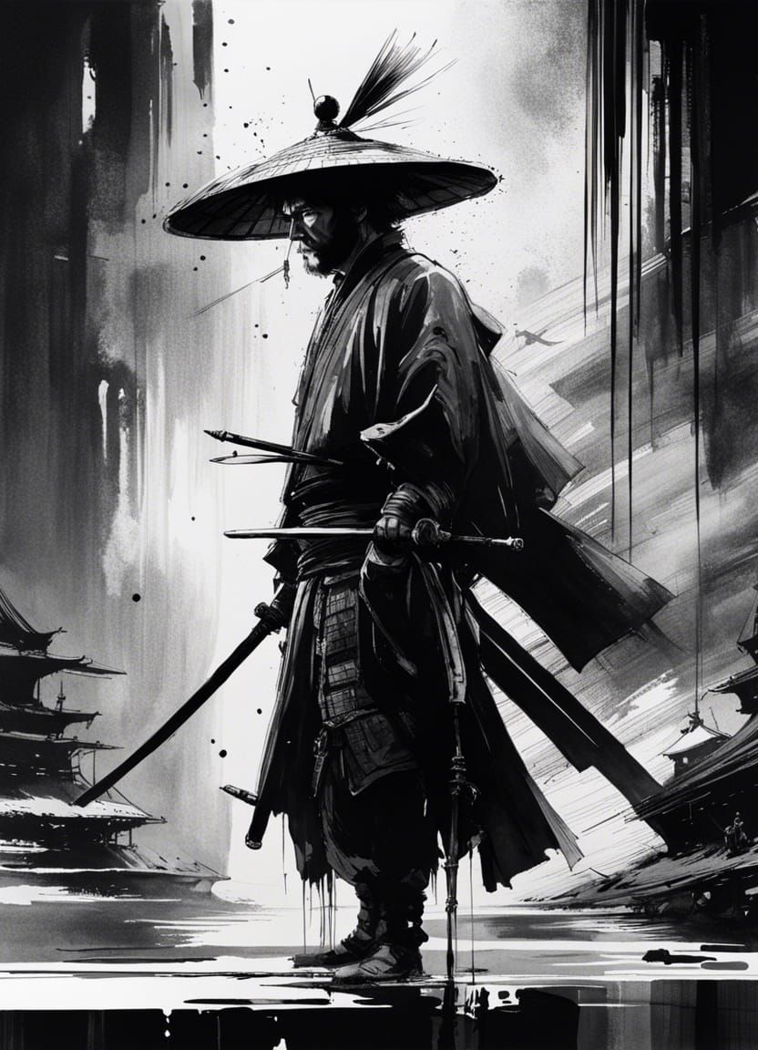 Samurai in Black and White Ink Drawing