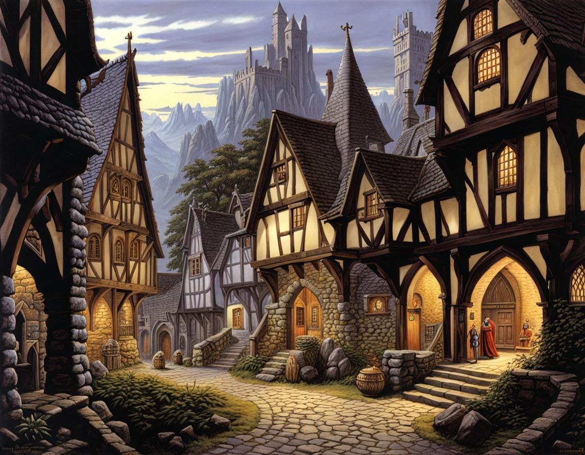 Gloomy Medieval Fantasy Town by Larry Elmore