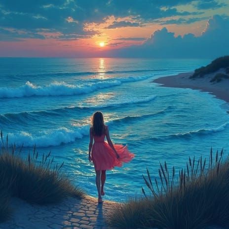 Woman in Salmon Dress on Cobblestone Beach Path