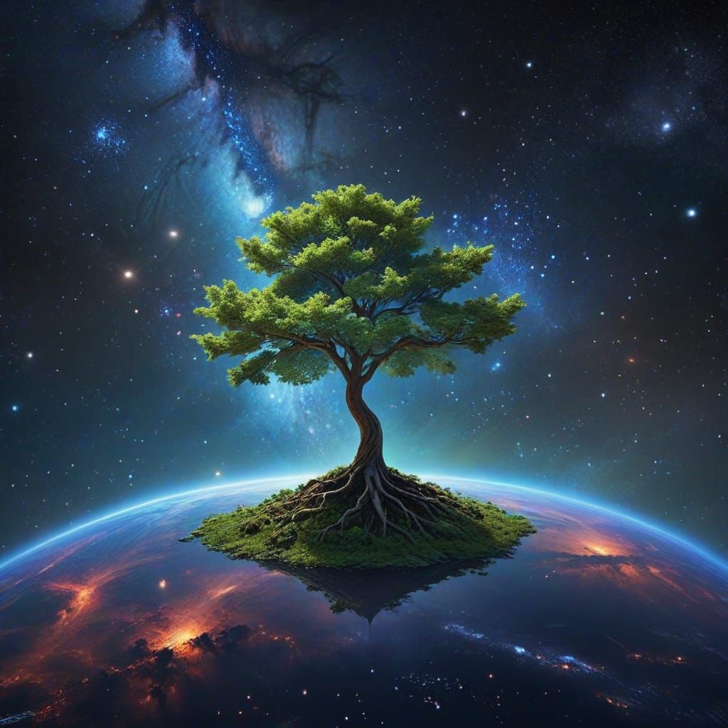 Tree in Cosmic Galaxy Fantasy Scene
