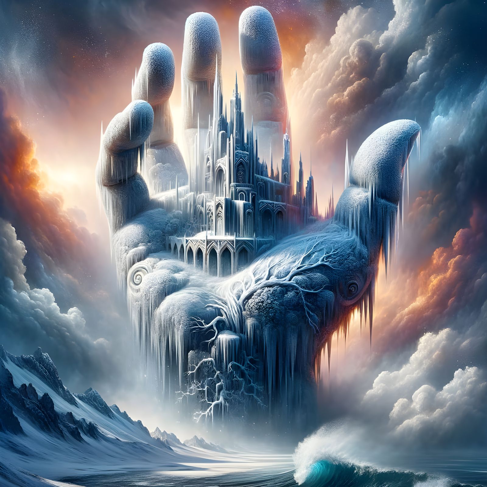 Ethereal Ice Hand Cradles Frosty Castle in Hypermaximalist M...